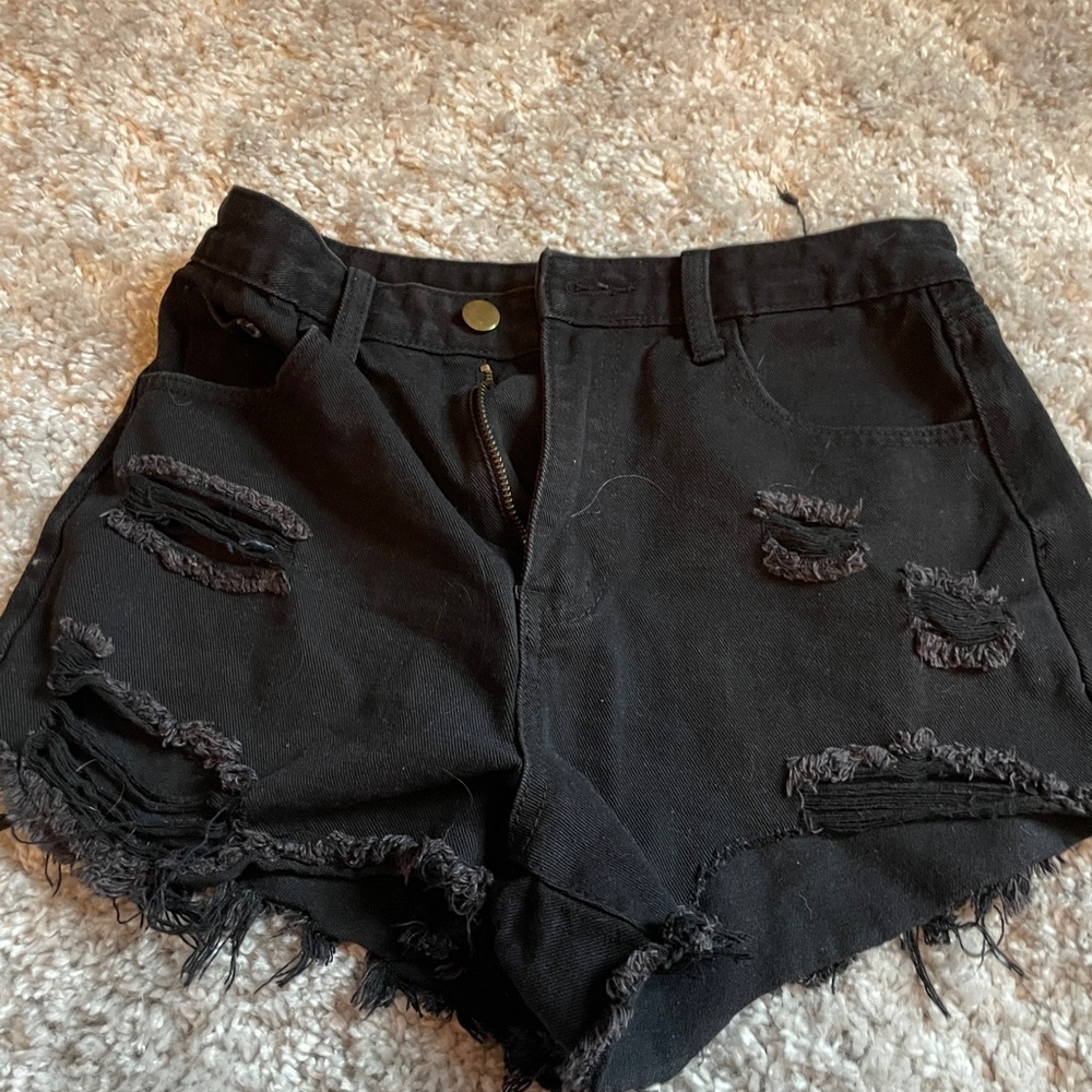 Distressed Black Denim Shorts